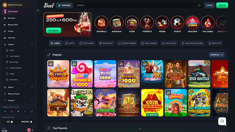 A dark-themed online casino lobby shows a welcome bonus banner, a row of category icons, lobby filter tabs and a grid of game tiles.