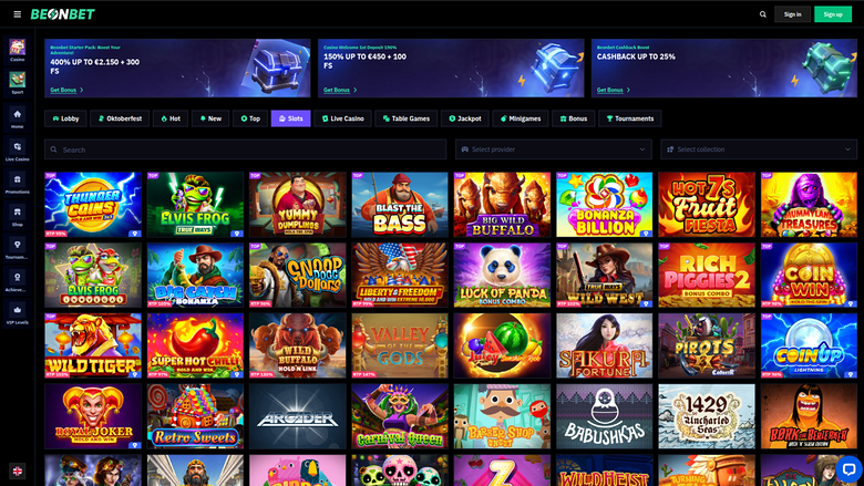 A dark-themed online casino lobby page showing a grid of game thumbnails beneath three promotional banners and a category menu.