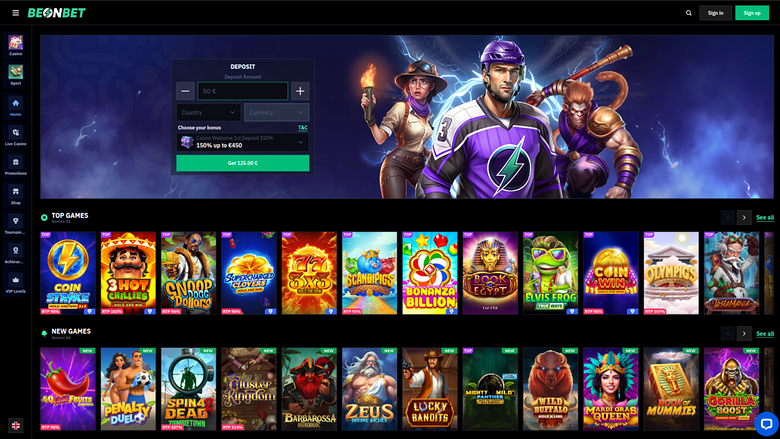 A BONBET online casino lobby showing a deposit bonus panel over a hero banner and rows of game tiles.
