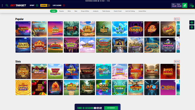 A BetTarget casino lobby page showing Popular and Slots game tile rows with a top navigation bar and account balance.
