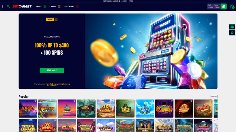 {"summary":"An online casino homepage for BET TARGET showing a welcome bonus hero banner and a Popular games row.","colours":"Dark navy and black background wit