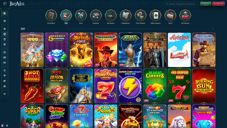 A desktop online casino lobby page titled BetAuce showing a Top row of game tiles beneath a horizontal category menu.
