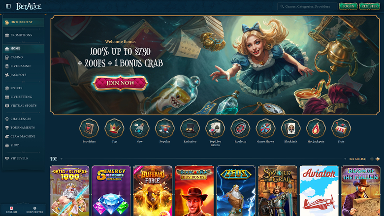 BetAce casino lobby showing a welcome bonus hero banner, a row of category icons, and a 'TOP' row of game tiles.