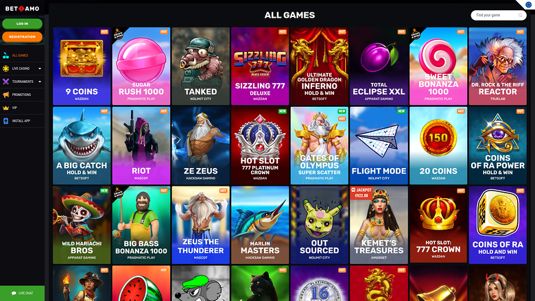 An online casino lobby titled ALL GAMES showing a grid of game tiles with a left sidebar menu and a top bar containing login and registration buttons.