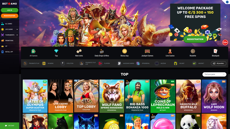 BetAmo casino lobby screenshot showing a welcome package banner, a category icon row, and a Top games grid.