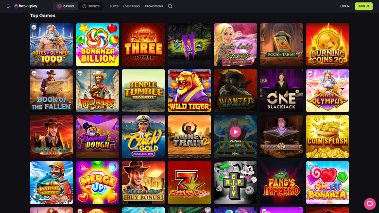 A desktop casino lobby screenshot showing a 'Top Games' grid of game tiles under a dark top navigation bar.