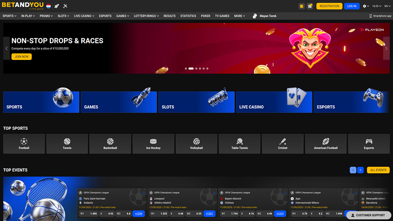 A BetAndYou online casino and sportsbook homepage showing a promotional hero banner, category shortcuts, and sports betting sections.