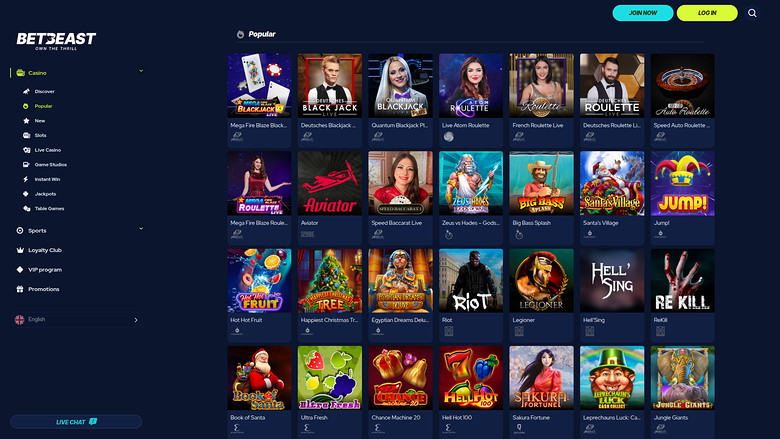 A BetBeast online casino lobby screenshot showing a dark sidebar menu and a grid of game thumbnails under a Popular tab.