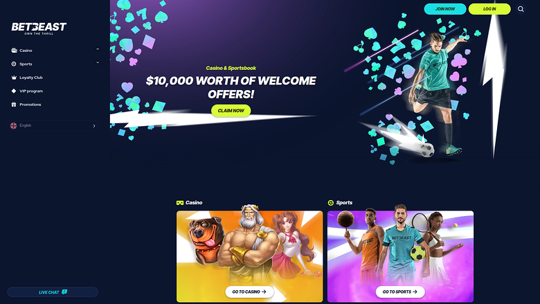 A BetBeast casino and sportsbook landing page showing a welcome offer banner and two entry tiles for Casino and Sports.
