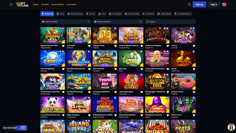 A dark-themed online casino lobby shows a grid of game tiles under category tabs and filter dropdowns, with sign-up and sign-in buttons in the header.