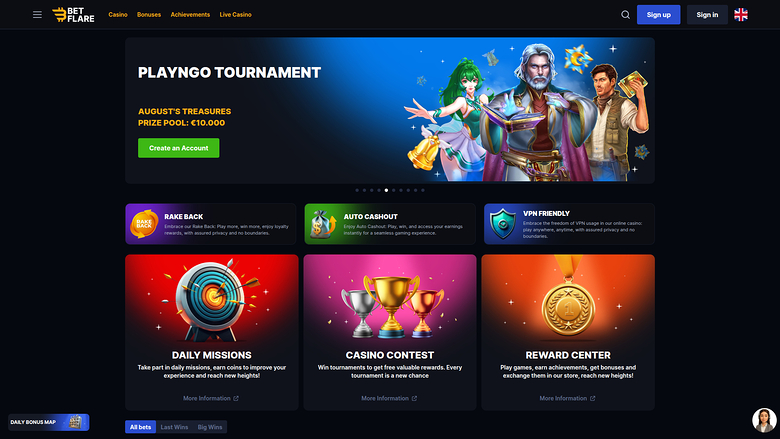 BetPearl casino homepage showing a Play'n GO tournament hero banner, three promotional tiles and three reward programme cards.