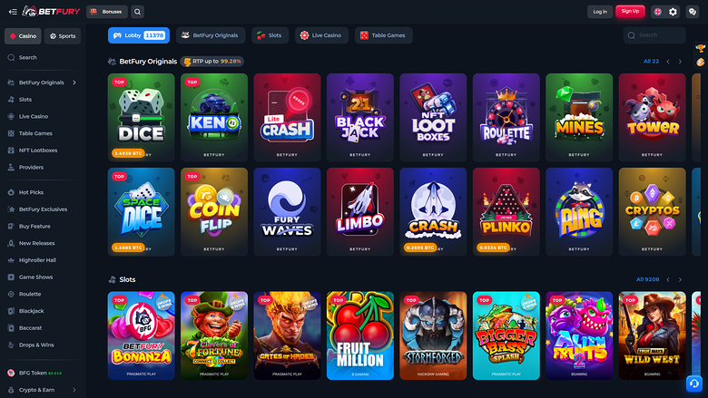 A BetFury casino lobby page showing a grid of game tiles under BetFury Originals and Slots sections.