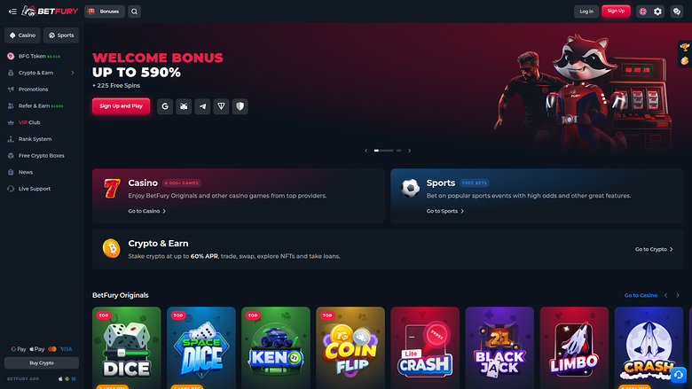 A BetFury casino homepage showing a welcome bonus hero banner, Casino and Sports category cards, a Crypto &amp; Earn section, and a row of BetFury Originals game ti