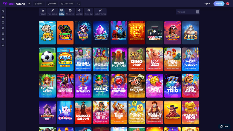 A casino lobby screen on the BetGem site showing a grid of game tiles under a Casino tab with category filters.