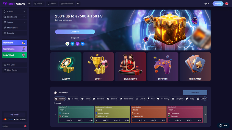 A BetGem online casino homepage showing a welcome bonus hero banner, five category tiles and a sports top events section.