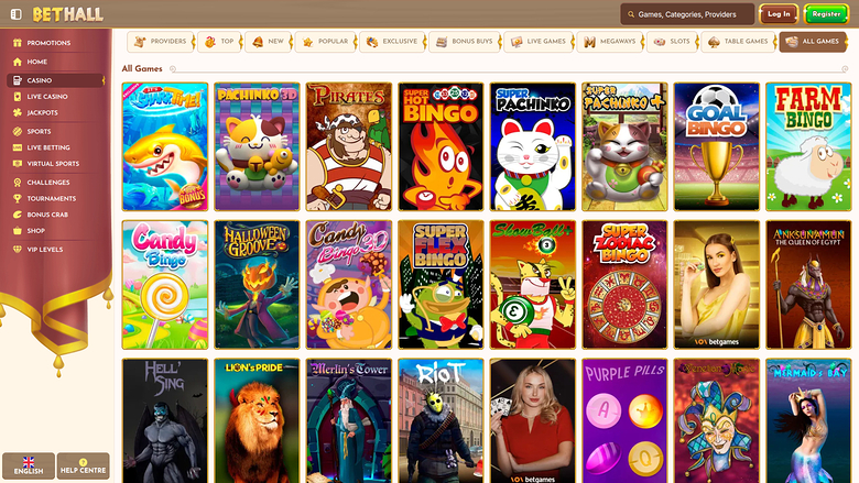 An online casino lobby page titled BETHALL showing a grid of game thumbnails under an 'All Games' heading with a category menu above.