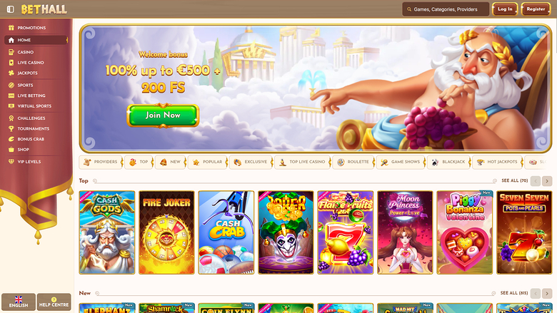 A desktop online casino lobby for BETHALL showing a welcome bonus banner, a category filter bar and rows of game thumbnails.