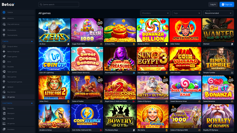 A Bettico casino lobby screen showing an 'All games' grid of game tiles with a left sidebar and top search and login controls.
