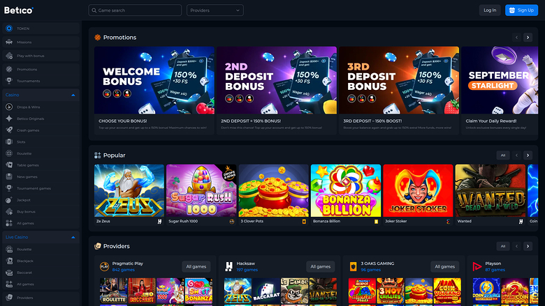 A desktop screenshot of the Bettico online casino lobby showing a promotions carousel, a Popular games row and a Providers section.