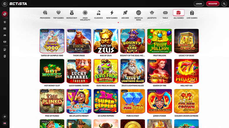 A casino lobby screen on the BET.STA site showing a grid of game tiles under a category menu.