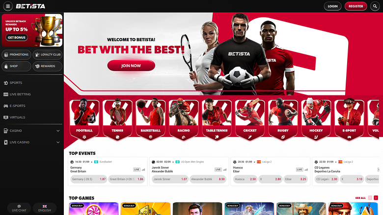 A Betista casino and sportsbook homepage showing a welcome hero banner, sport category tiles, top events odds and a top games row.