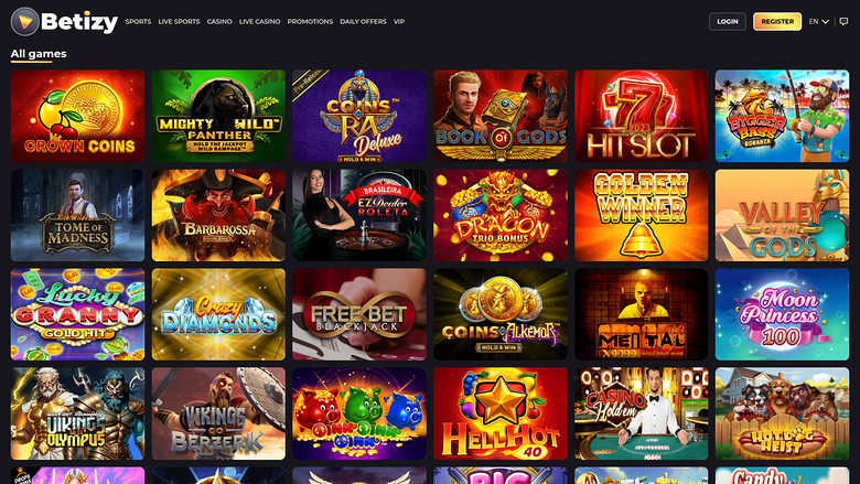An online casino lobby screenshot showing a grid of game tiles under an 'All games' heading with a top navigation bar.