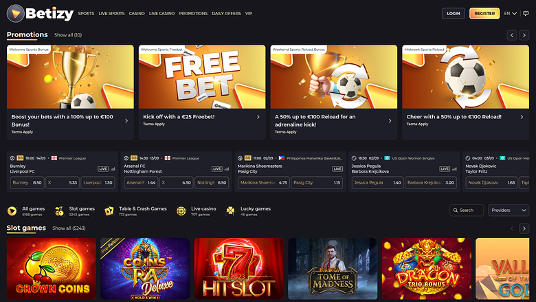 Betizy casino homepage showing a promotions carousel, a live sports betting odds row, category shortcuts and a row of slot game tiles.