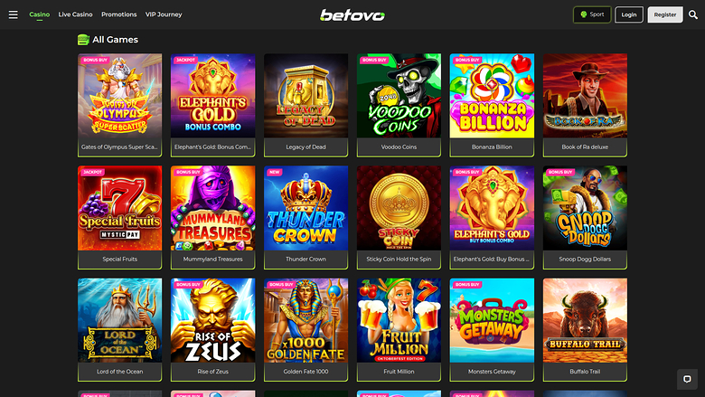 A Betovo online casino lobby page showing an 'All Games' grid of game tiles with a top navigation bar and login and register buttons.