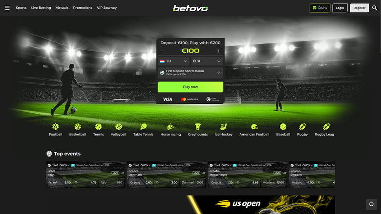 A dark-themed Betovo sportsbook homepage shows a football stadium hero image with a deposit bonus pop-up and a row of sports category icons above 'Top events' b