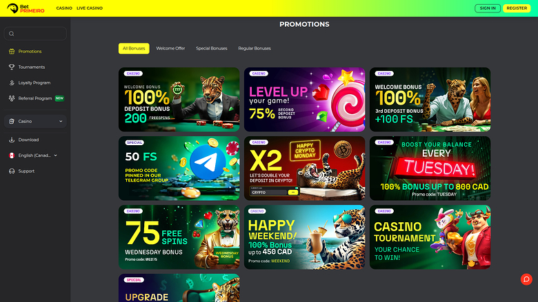 BetPRIMEIRO Casino — Promotions page