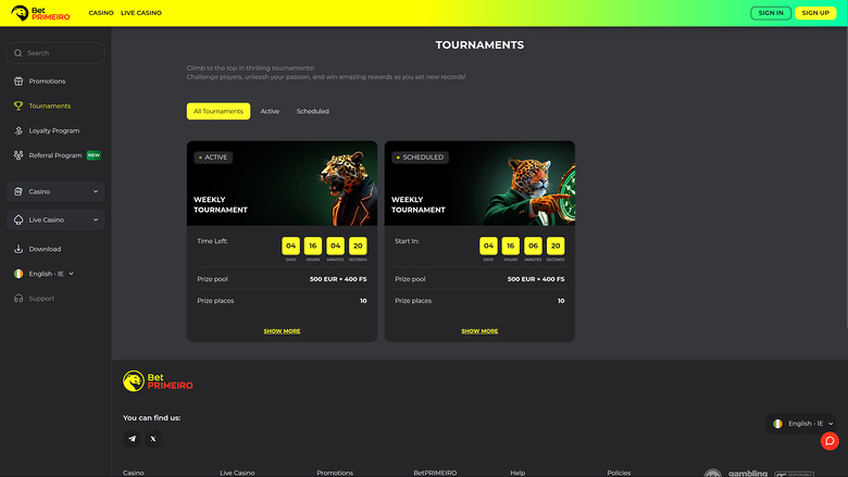 BetPRIMEIRO Casino — Tournaments