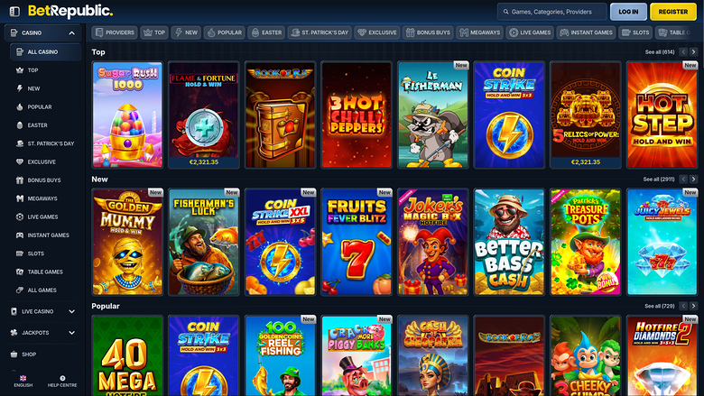 BetRepublic online casino lobby showing rows of game tiles under Top, New and Popular headings with a left sidebar menu and top navigation bar.