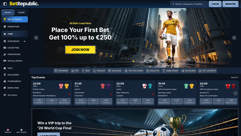 A BetRepublic casino and sportsbook homepage showing a welcome bonus hero banner, a top events sports betting section and a VIP promotion panel.