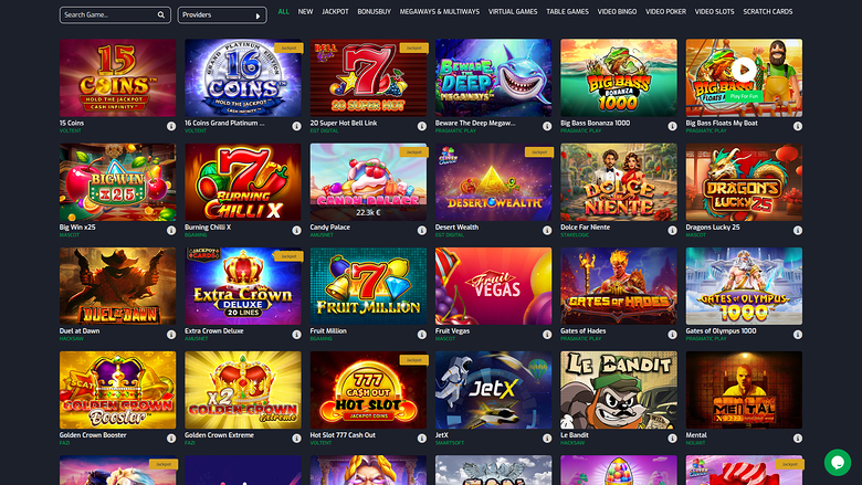 A casino lobby screen shows a grid of game thumbnails under a search bar and category tabs.