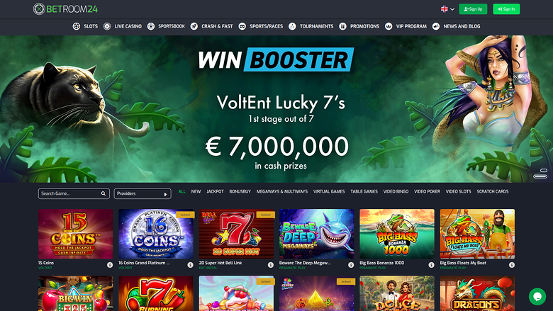 BetRoom24 casino lobby showing a 'WIN BOOSTER' promotion banner above a game grid with category tabs and a search bar.