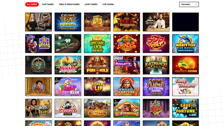 A casino lobby screen showing a grid of game thumbnails beneath a category menu and a providers dropdown.