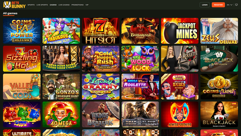 An online casino lobby page titled 'All games' showing a grid of game tiles under a dark header with login and register buttons.