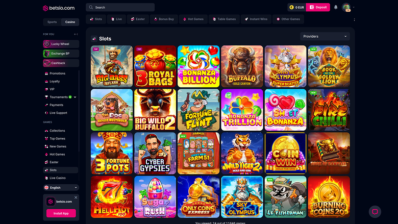 A desktop casino lobby screenshot showing a left sidebar menu and a grid of slot game tiles under a Slots heading.