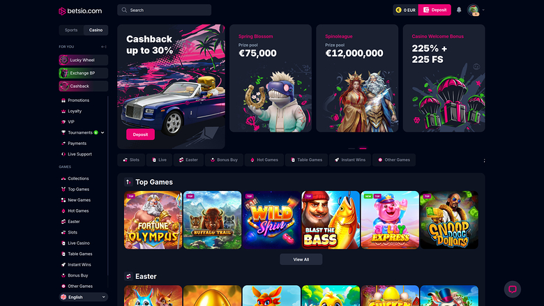 A dark-themed online casino lobby for betso.com showing a top navigation bar, a left sidebar menu, promotional banners and rows of game tiles.