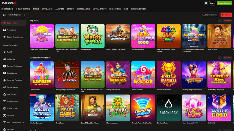A desktop online casino lobby screen showing a grid of game tiles under Top 10 and Canadian Favorites sections with a left sidebar menu.