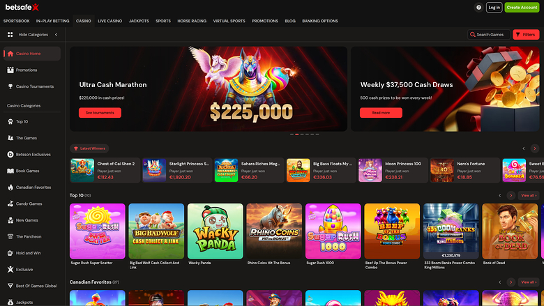Betsafe online casino lobby page showing a promotional hero banner and rows of game tiles.