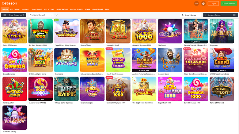 A betsson casino lobby page displays a grid of game tiles under a top navigation bar and filter controls.