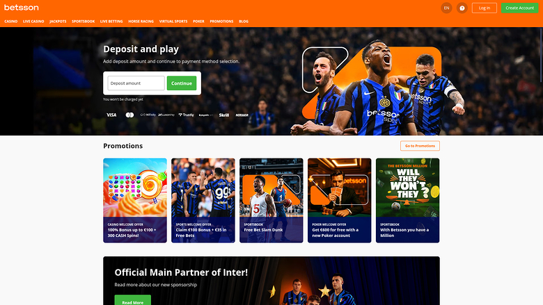 A Betsson casino and sportsbook homepage showing a deposit panel, promotional tiles and an Inter Milan partnership banner.