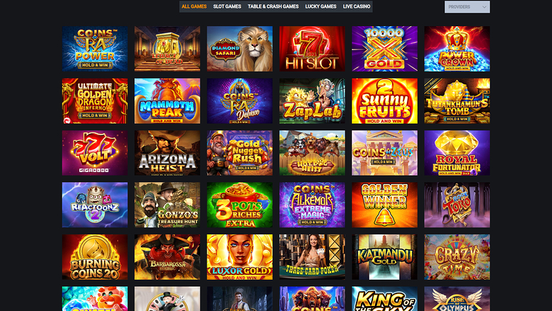 A casino lobby screen shows a grid of game thumbnails under category tabs on a dark background.