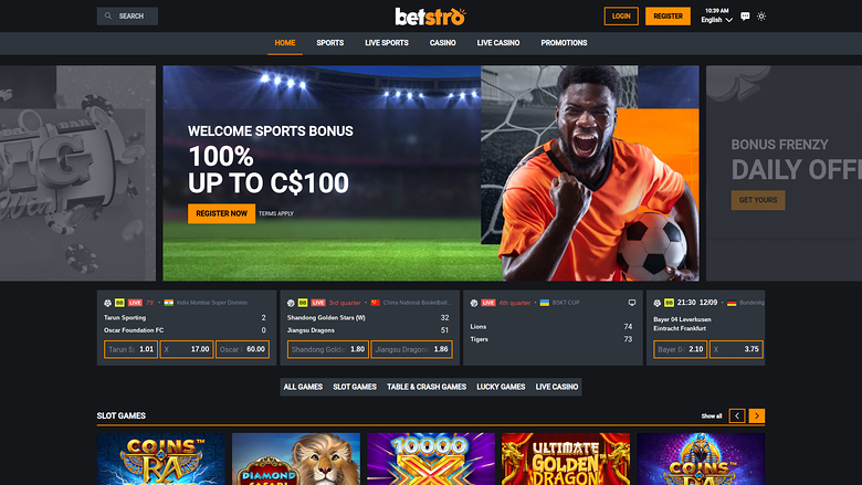 A sportsbook and casino homepage for Betstro showing a welcome bonus hero banner, upcoming match odds and a row of slot game tiles.