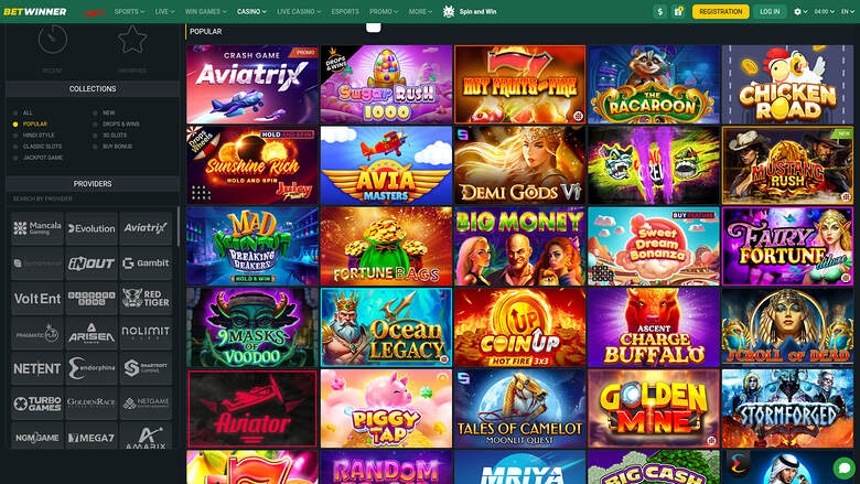 An online casino lobby screen showing a grid of game tiles under a 'Popular' heading with a left sidebar of filters and a top navigation bar.