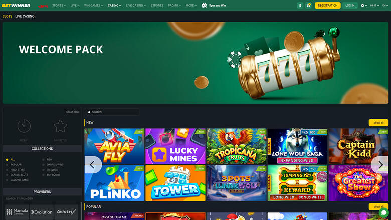A casino lobby screen showing a 'WELCOME PACK' hero banner above a grid of game tiles with a left sidebar of collections and providers.