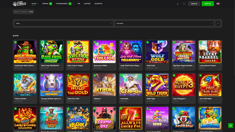 A casino slots lobby page shows a grid of game tiles under a top navigation bar and a search field.