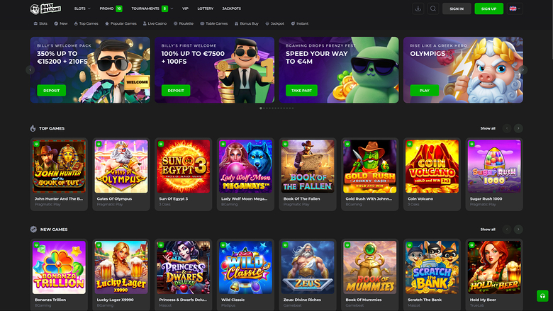 A desktop online casino lobby shows a top navigation bar, four promotional banners, and two rows of game tiles labelled Top Games and New Games.