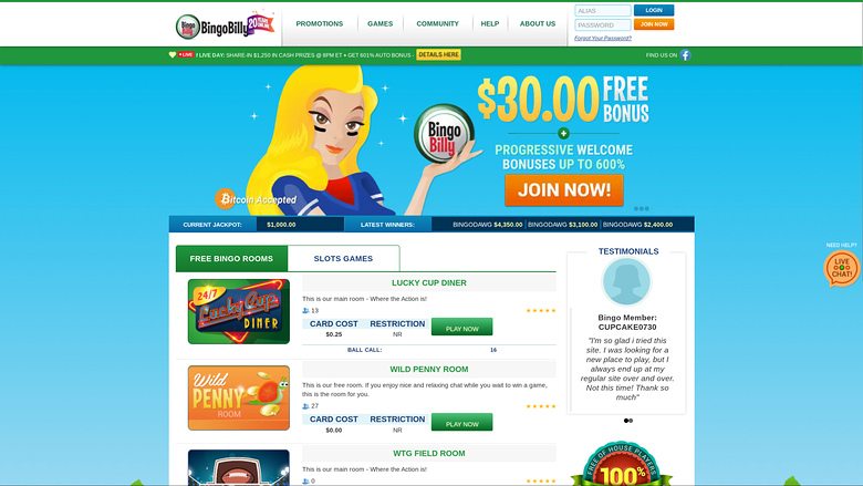 A bingo and casino lobby page with a welcome bonus hero, jackpot ticker, and a list of bingo rooms beside a testimonials panel.